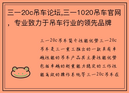 三一20c吊车论坛,三一1020吊车官网，专业致力于吊车行业的领先品牌